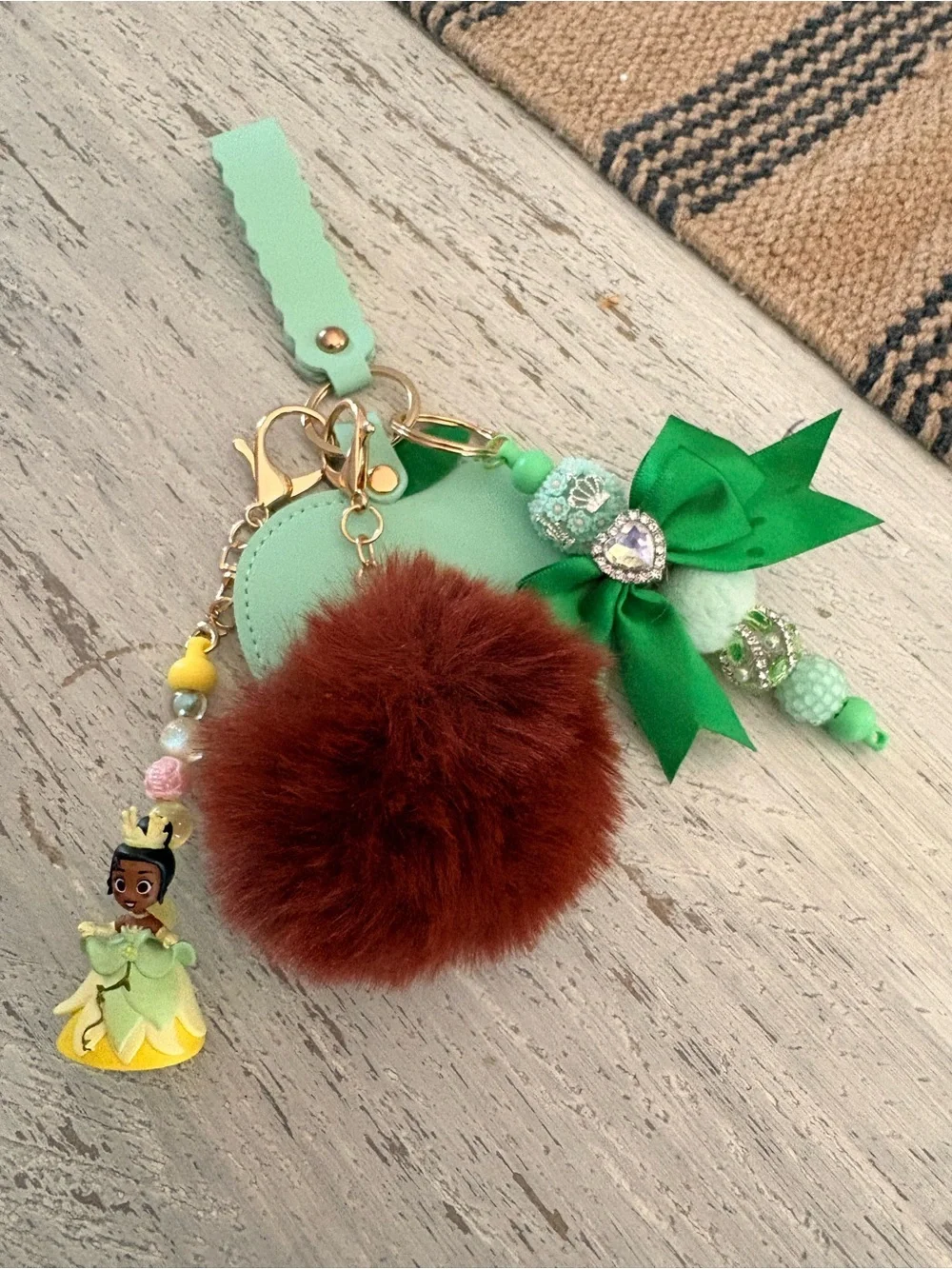 Princess Tiana Inspired Green & Brown Pom Pom Keychain Charm